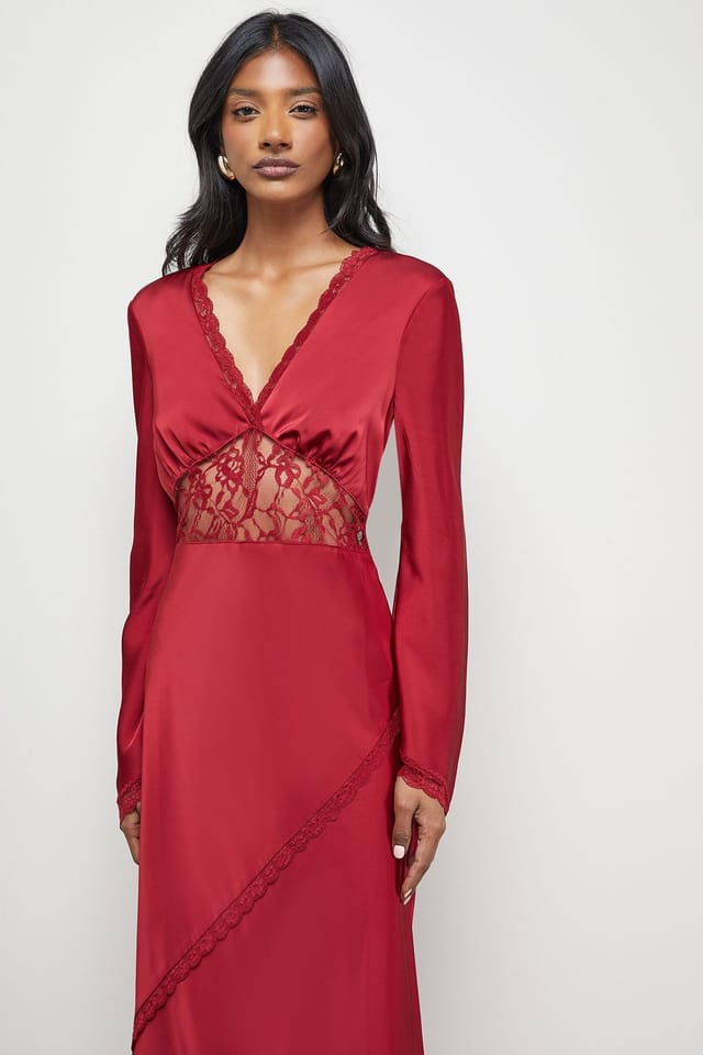 Warehouse Warehouse Women's Satin Lace Insert Flute Sleeve Midi Dress in Dark Red - 2