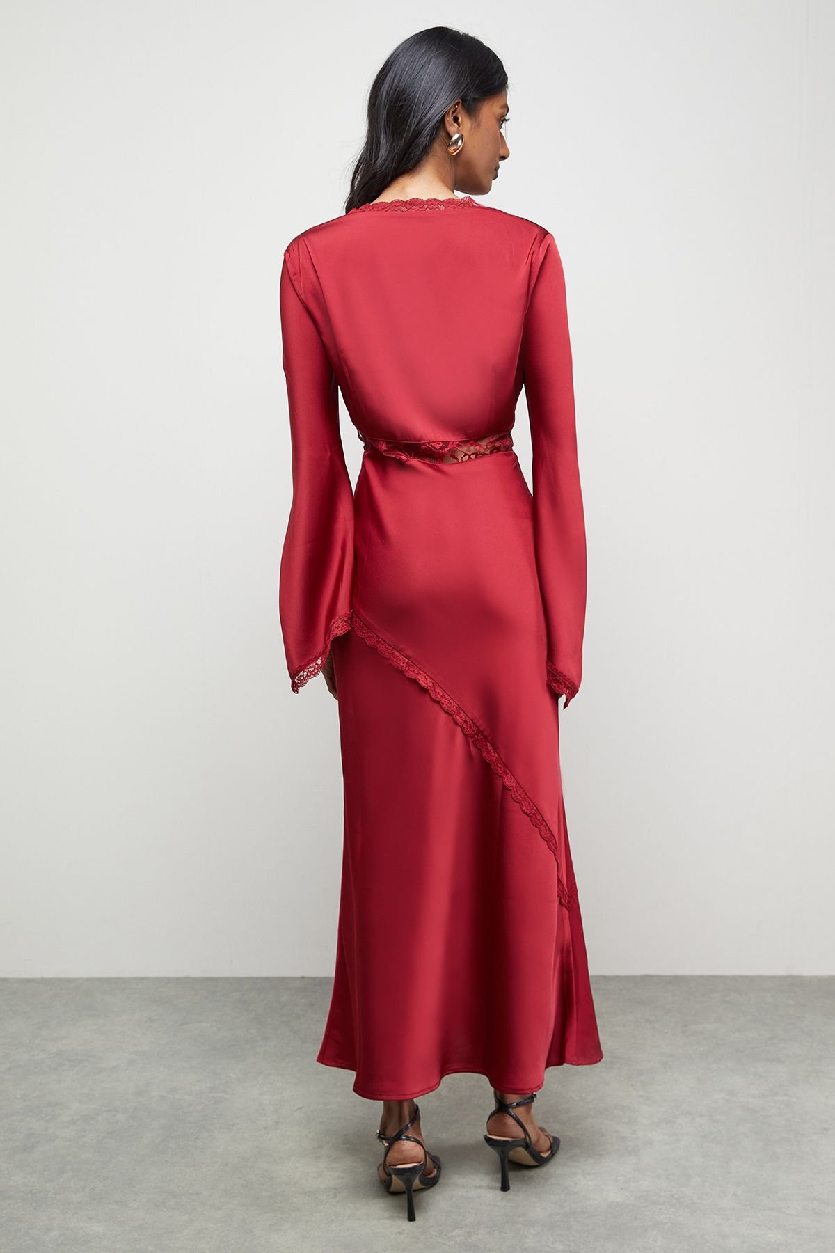 Warehouse Warehouse Women's Satin Lace Insert Flute Sleeve Midi Dress in Dark Red - 3