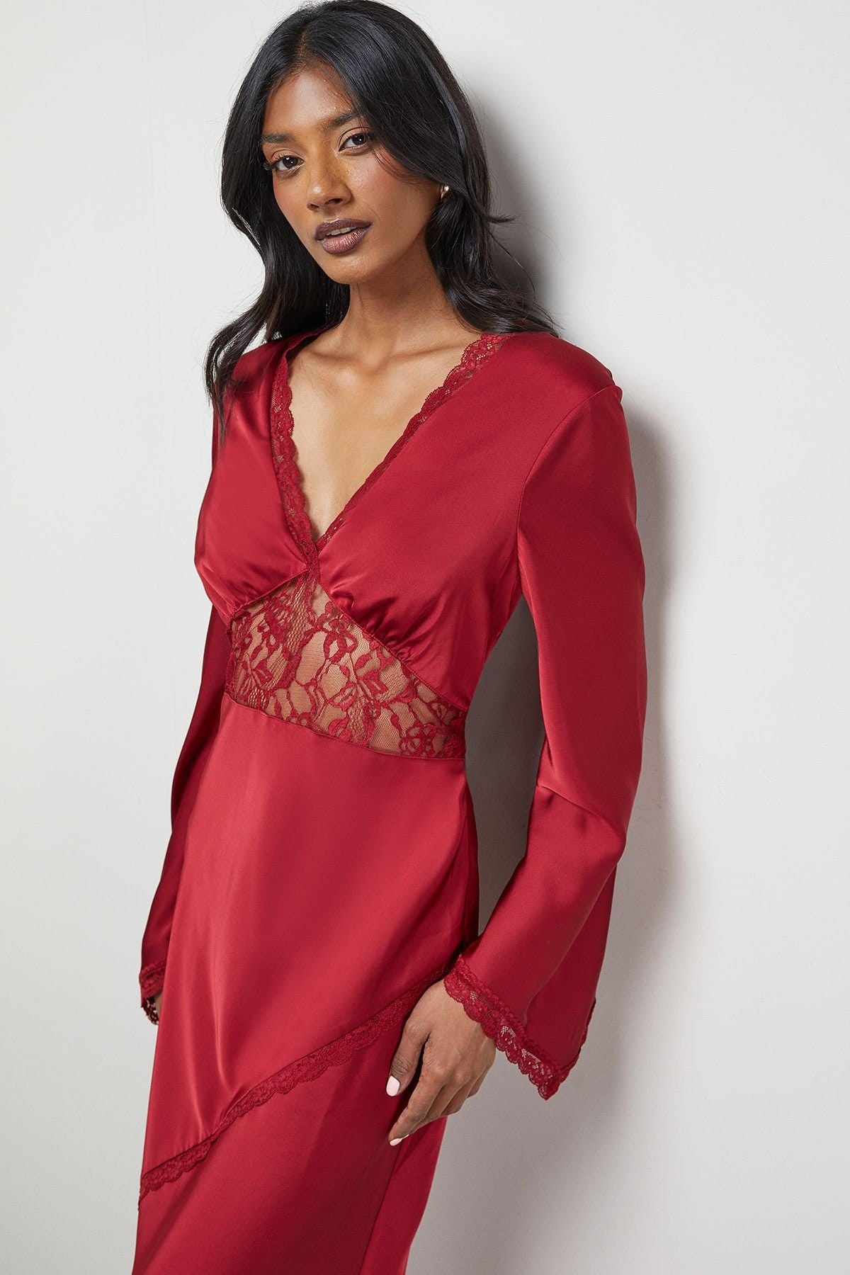 Warehouse Warehouse Women's Satin Lace Insert Flute Sleeve Midi Dress in Dark Red - 4