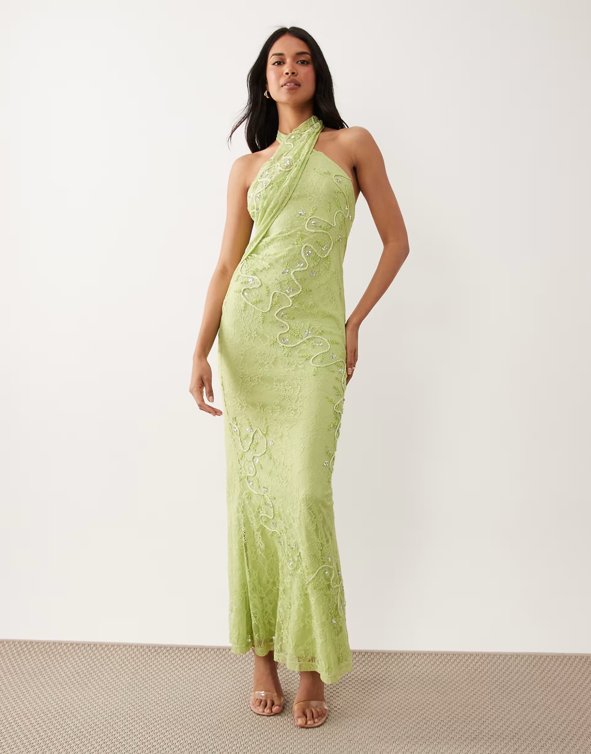ASOS ASOS DESIGN lace halter neck maxi dress with embroidered detail in green