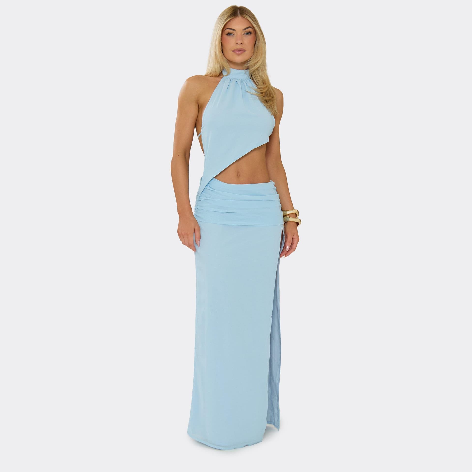 EGO High Neck Open Back Split Leg Cut Out Maxi Dress In Baby Blue, Women's Size UK 6