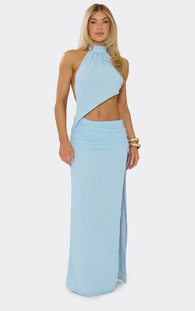 EGO High Neck Open Back Split Leg Cut Out Maxi Dress In Baby Blue, Women's Size UK 6 - 2