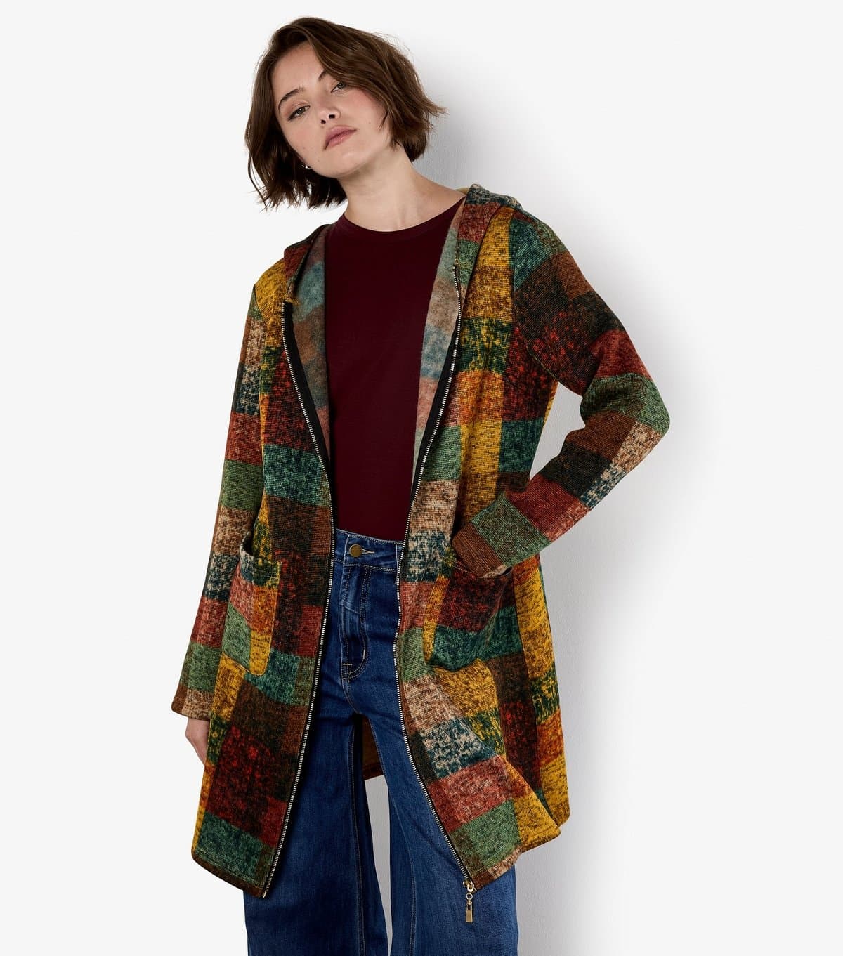 Apricot Women's Brown Checked Longline Hooded Cardigan Apricot New Look