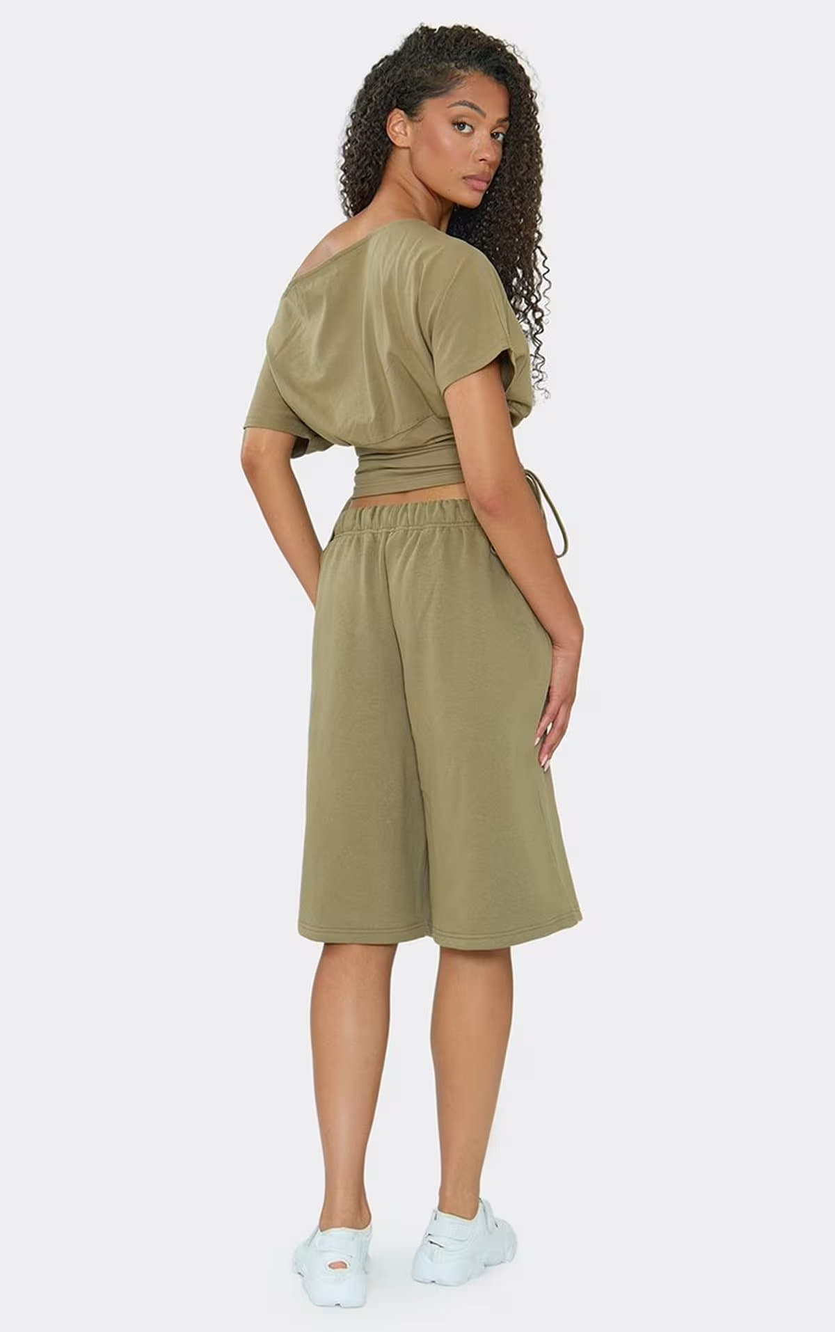 EGO Low Rise Contrast Graphic Detail Sweat Jorts In Khaki, Women's Size UK 6