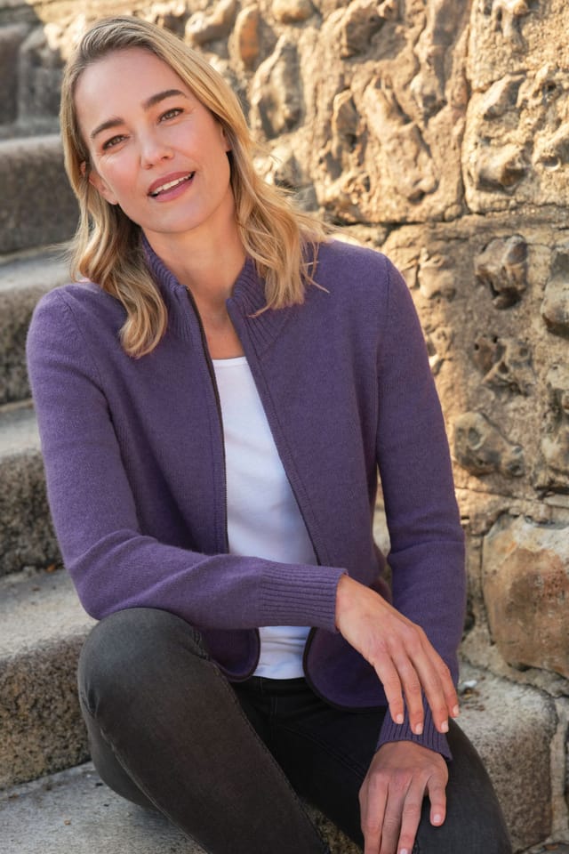 WoolOvers WoolOvers Women's 100% Wool Fitted Zip Thru Cardigan in Purple - 3