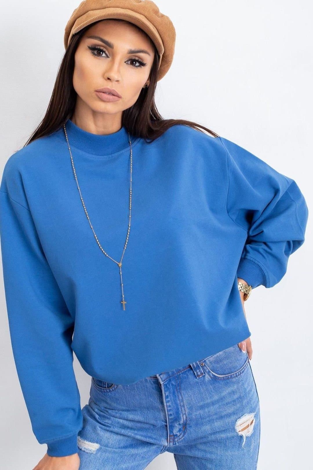 Love Lace Love Lace Women's Cotton Long Sleeve Stand Collar Sweatshirt in Blue
