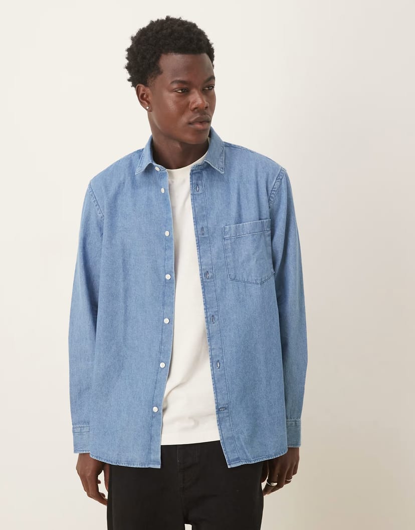 ASOS Selected 100% cotton denim shirt in medium blue - 1