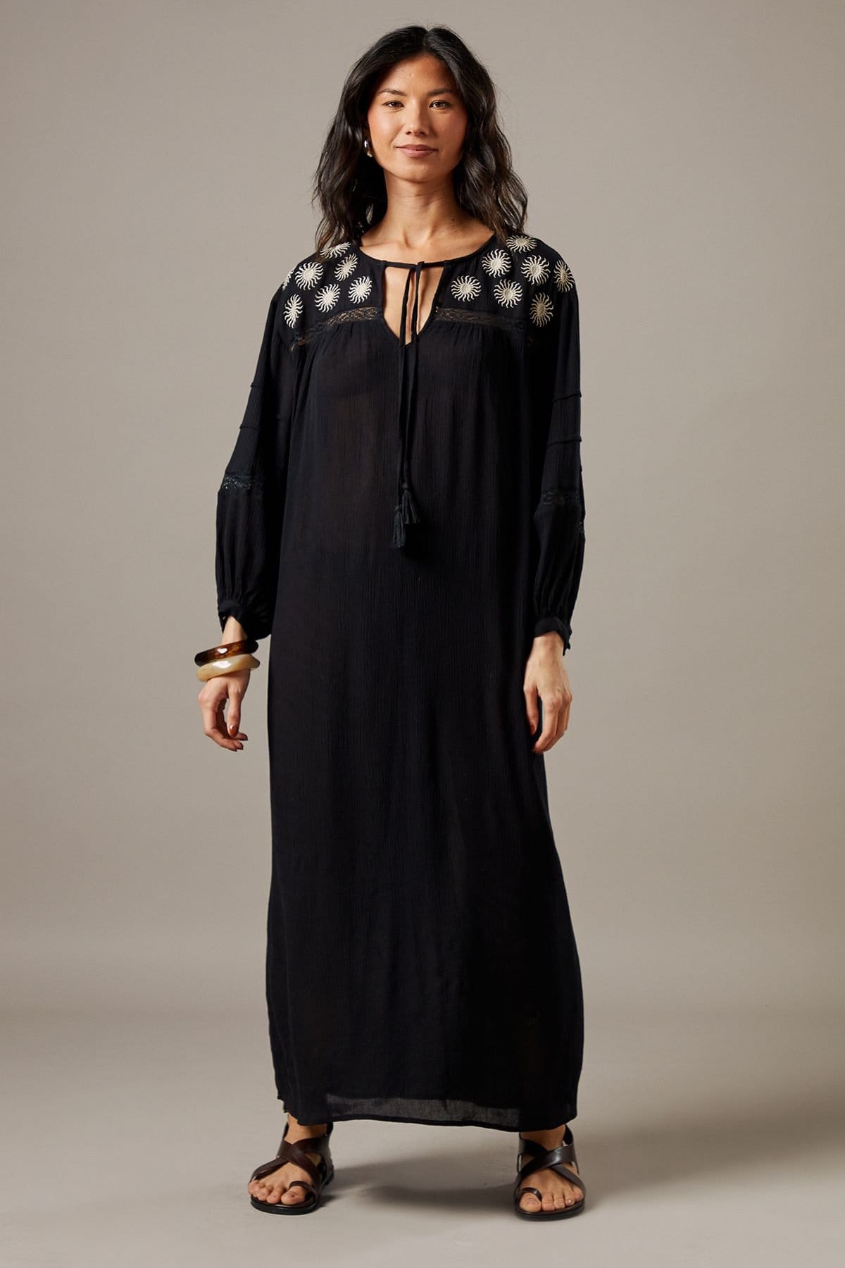 Warehouse Warehouse Women's Cheesecloth Embroidered Trim Insert Midi Smock Dress in Black - 1