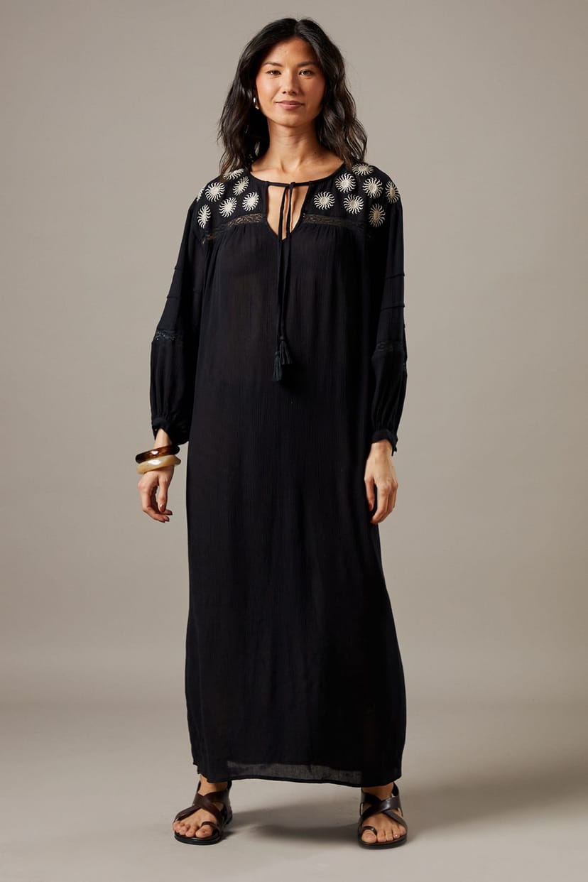 Warehouse Warehouse Women's Cheesecloth Embroidered Trim Insert Midi Smock Dress in Black - 1