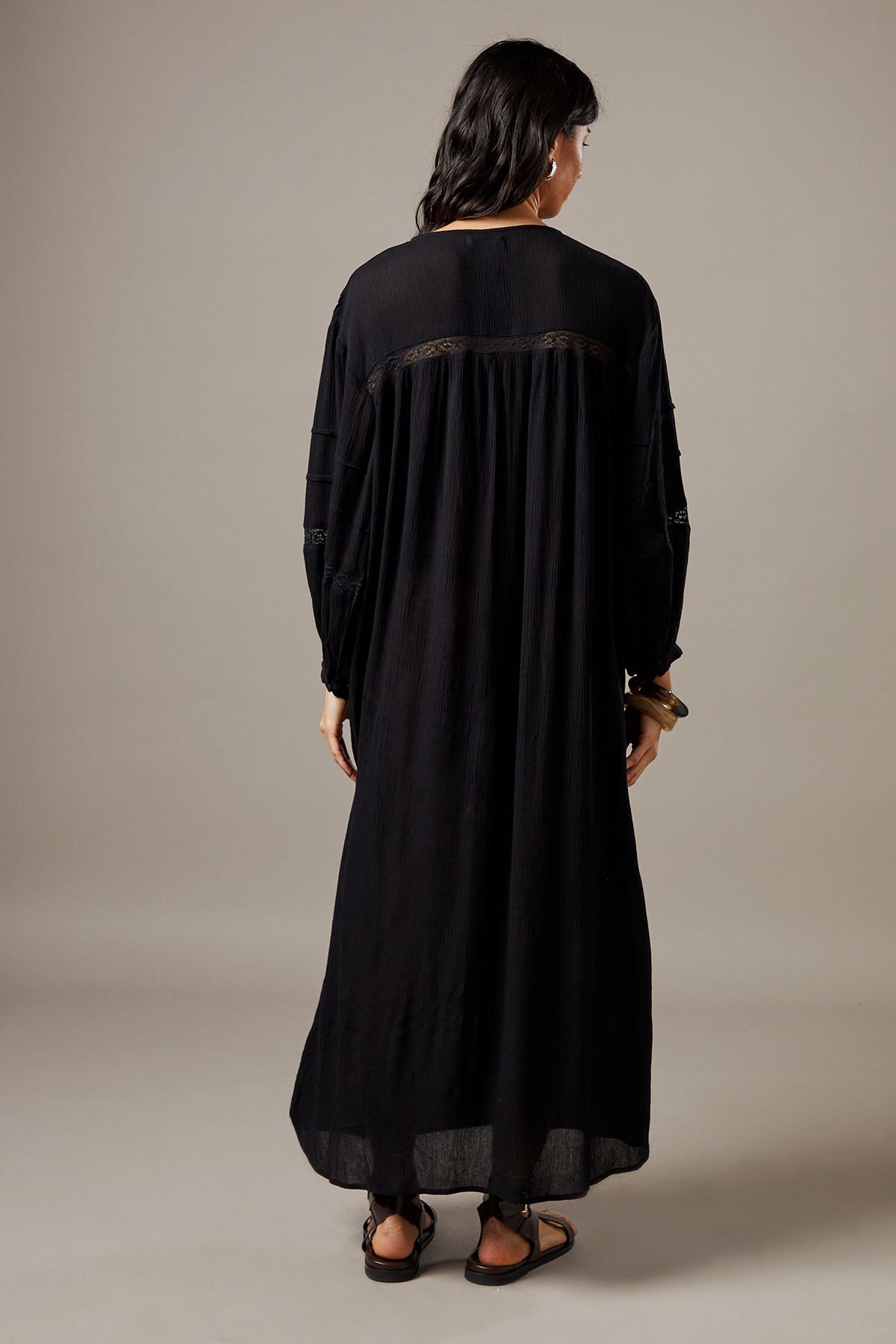 Warehouse Warehouse Women's Cheesecloth Embroidered Trim Insert Midi Smock Dress in Black - 3