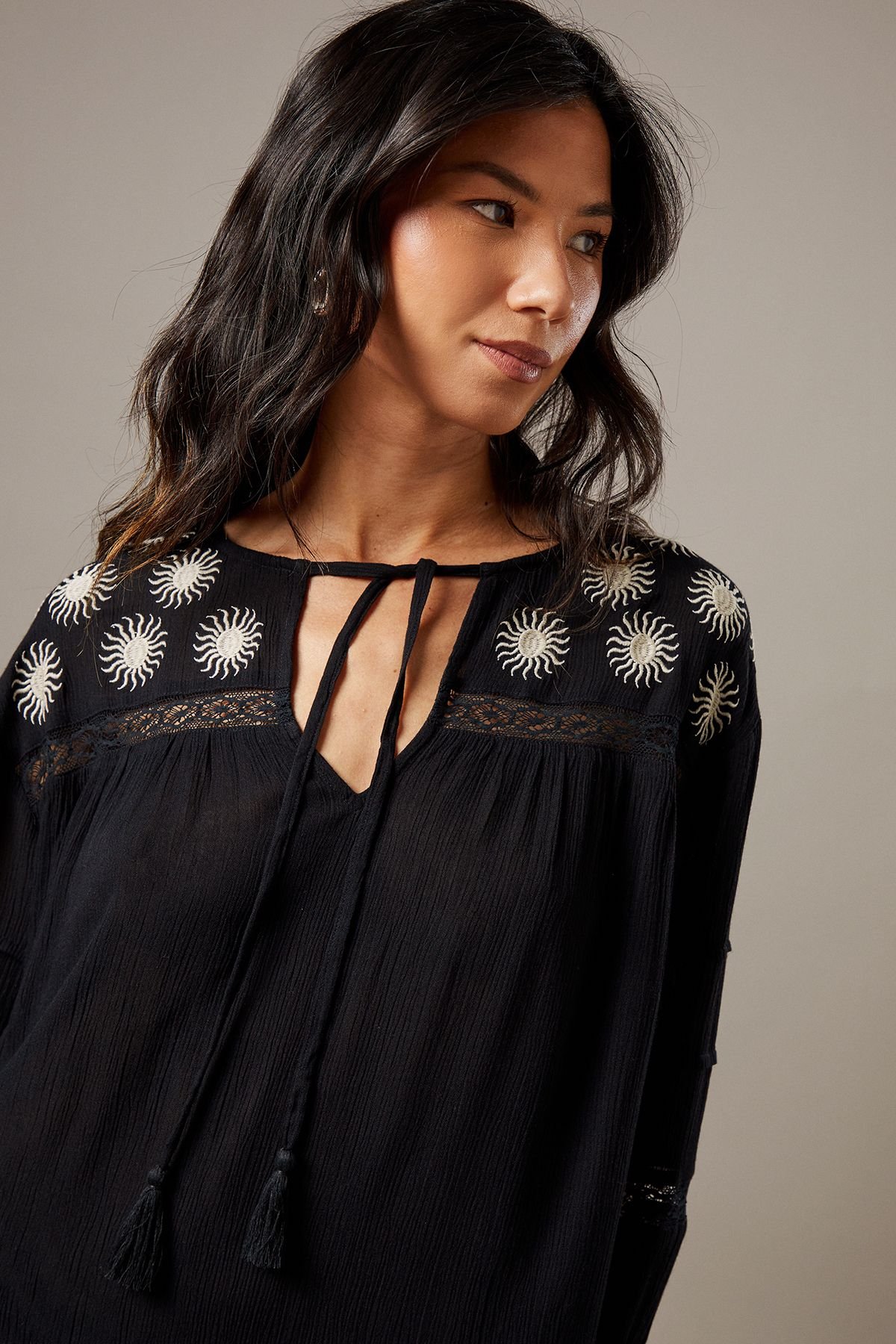 Warehouse Warehouse Women's Cheesecloth Embroidered Trim Insert Midi Smock Dress in Black - 4