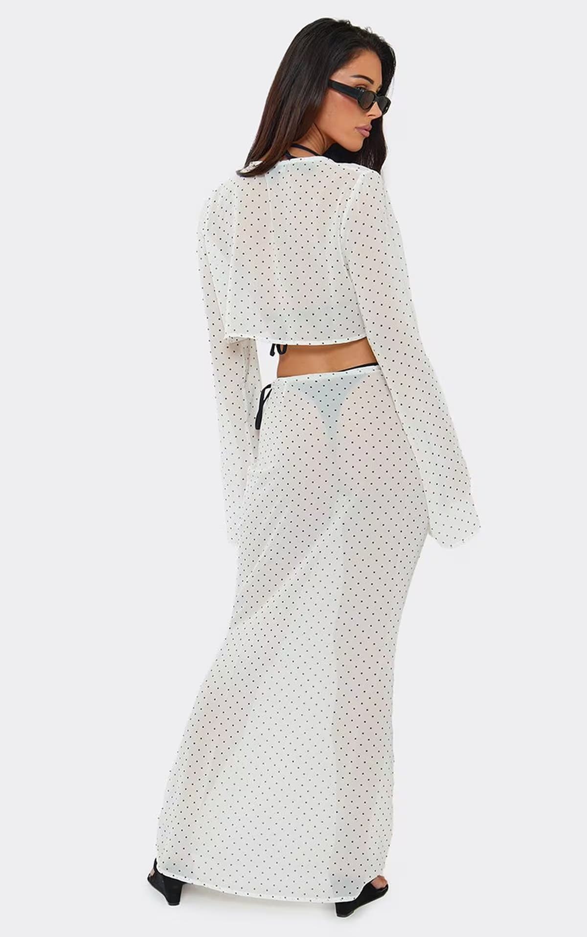 EGO Mid Rise Beach Maxi Skirt In White Polka Dot Chiffon, Women's Size UK 6
