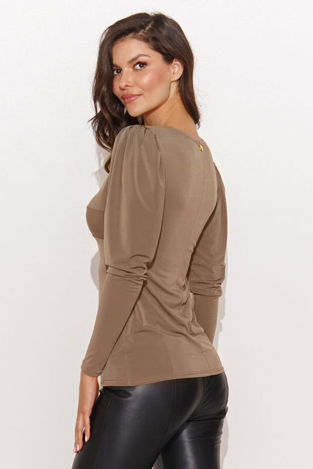 Love Lace Love Lace Women's Fitted V Neck Blouse with Back Metal Detail in Beige - 3
