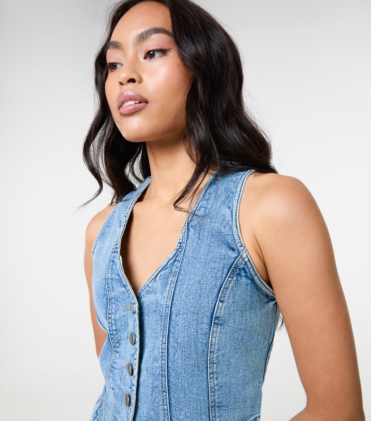 Pink Vanilla Women's Blue Denim Fitted Waistcoat Pink Vanilla New Look