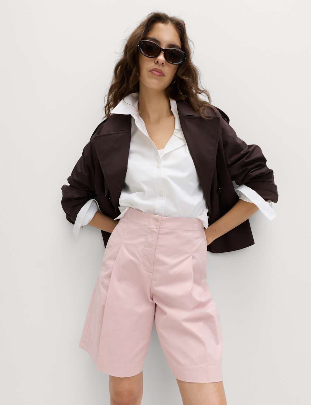 Marks & Spencer M&S Cotton Rich High Waisted Pleat Front Bermuda Shorts Pink