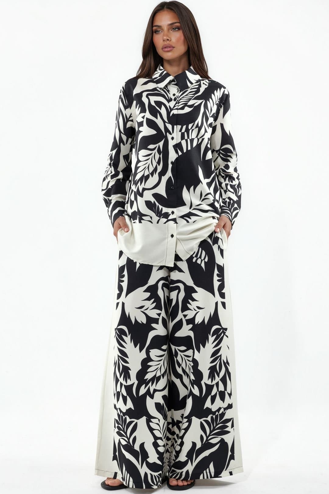 MSN Collection MSN Collection Women's Floral Cotton-Viscose Shirt & Wide-Leg Pants Set