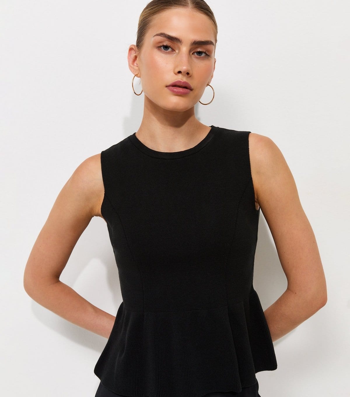 New Look Black Compact Knit Peplum Waist Vest Top