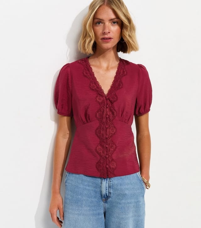 New Look Women's Dark Burgundy Lace Button Tea Blouse New Look - 2