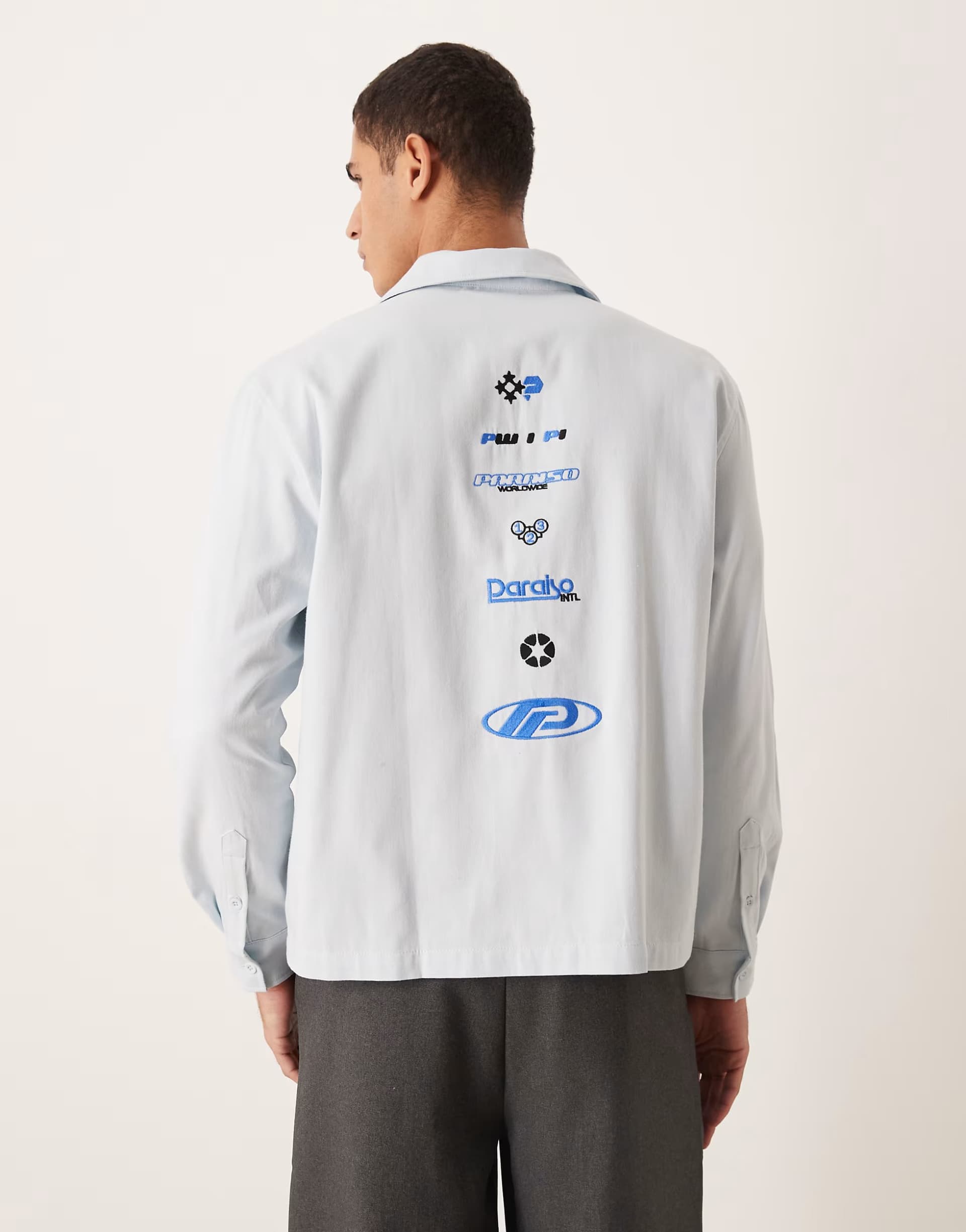 ASOS ASOS DESIGN boxy oversized shirt with back embroidery in blue