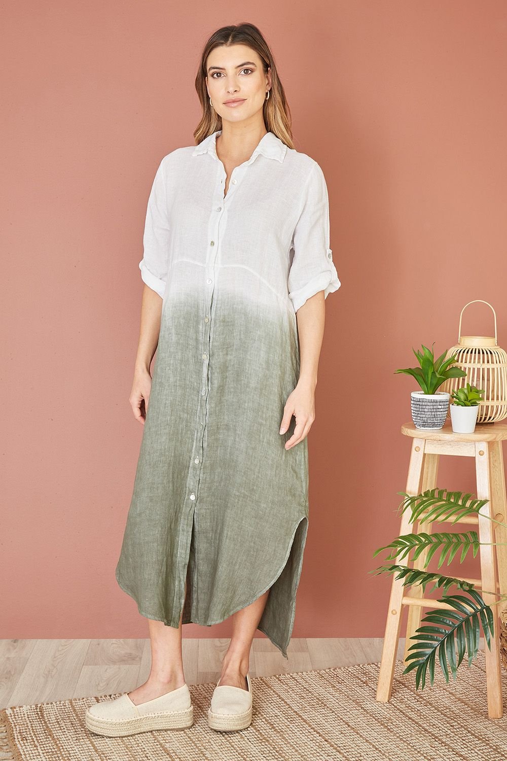 Yumi Yumi Women's White Italian Linen Hand Dip Dyed Midi Shirt Dress With Turn Up Sleeves - 2