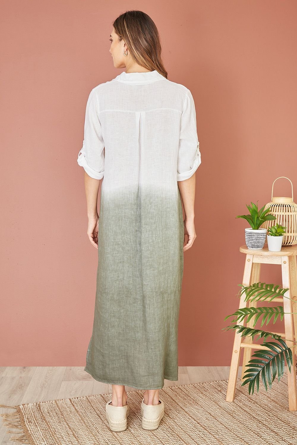 Yumi Yumi Women's White Italian Linen Hand Dip Dyed Midi Shirt Dress With Turn Up Sleeves - 3