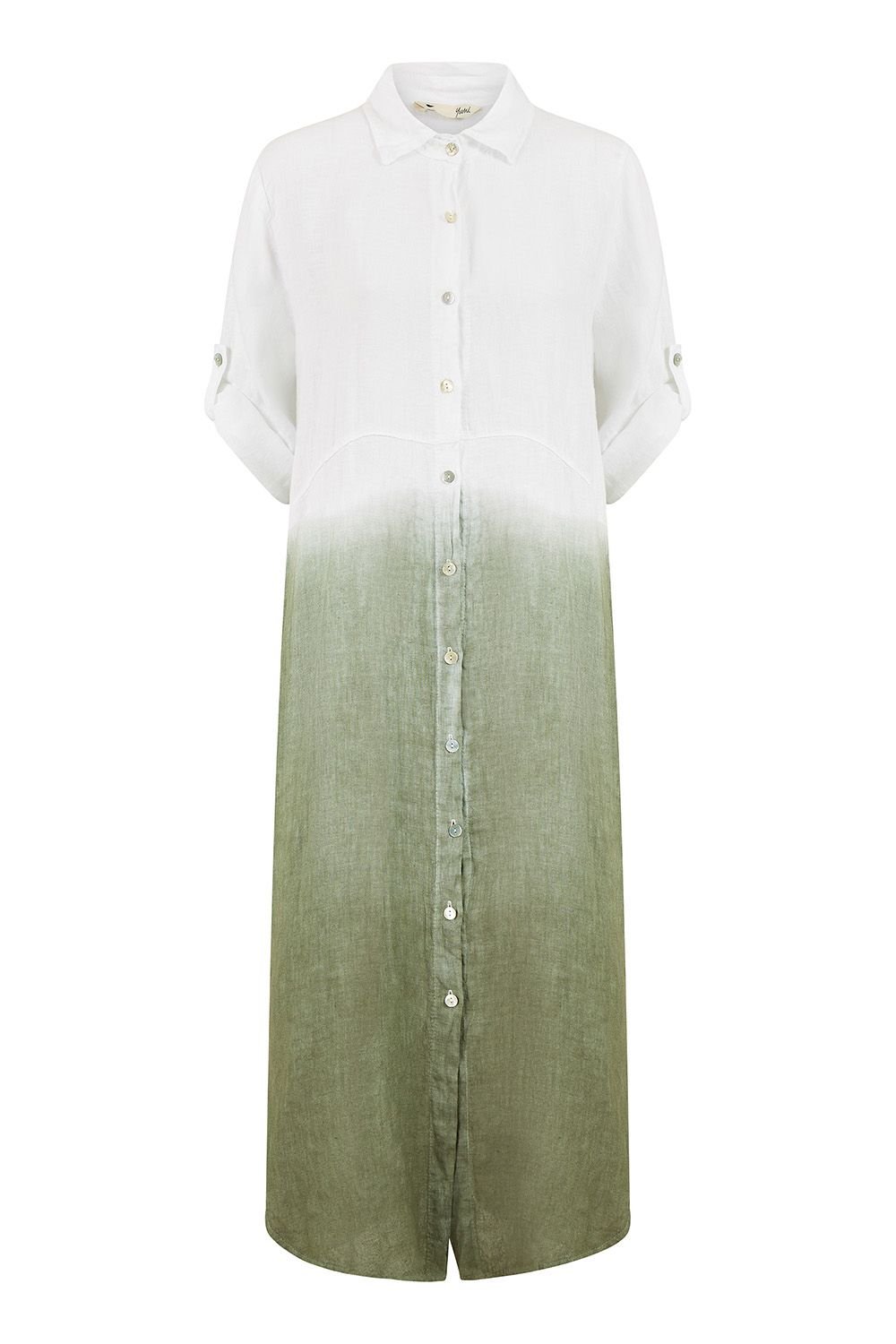 Yumi Yumi Women's White Italian Linen Hand Dip Dyed Midi Shirt Dress With Turn Up Sleeves - 4