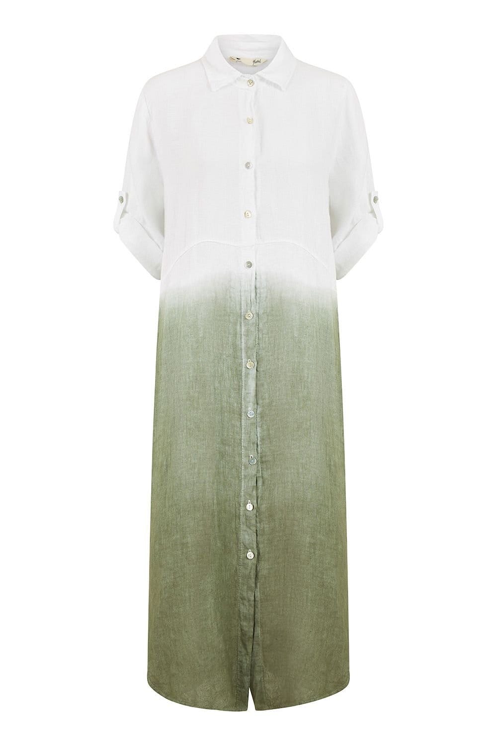 Yumi Yumi Women's White Italian Linen Hand Dip Dyed Midi Shirt Dress With Turn Up Sleeves - 4