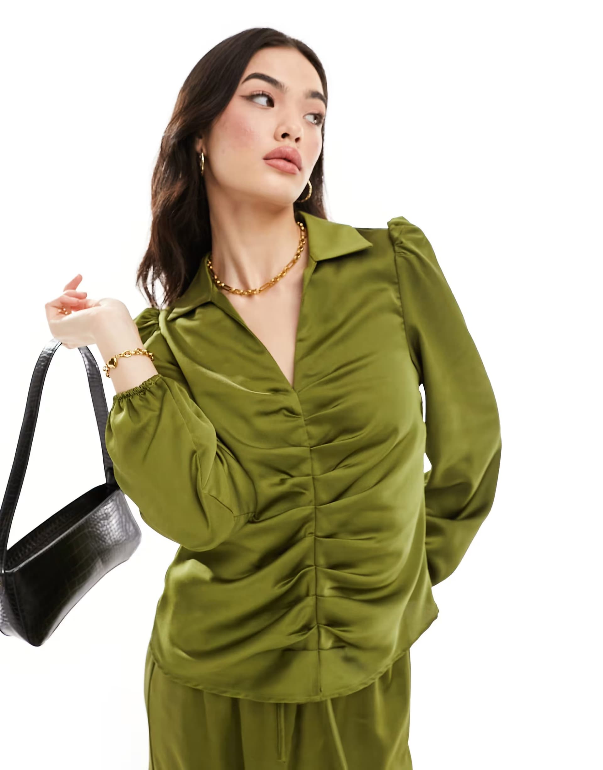 ASOS Y.A.S Ezra ruched front blouse co ord in olive green 