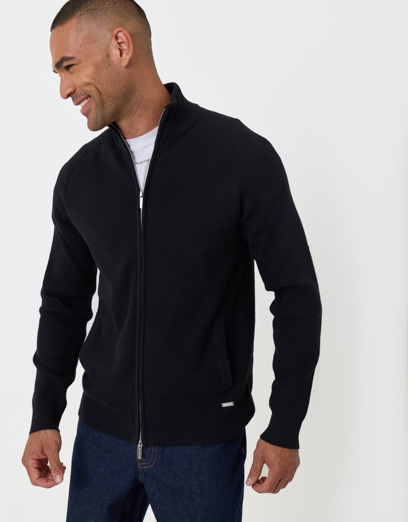 Threadbare threadbare Men's Knitted Zip Up Funnel Neck Cardigan in Black