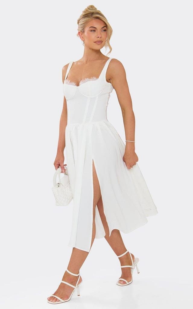 EGO Lace Cup Detail Side Split Corset Midi Dress In White Woven, Women's Size UK 6 - 2