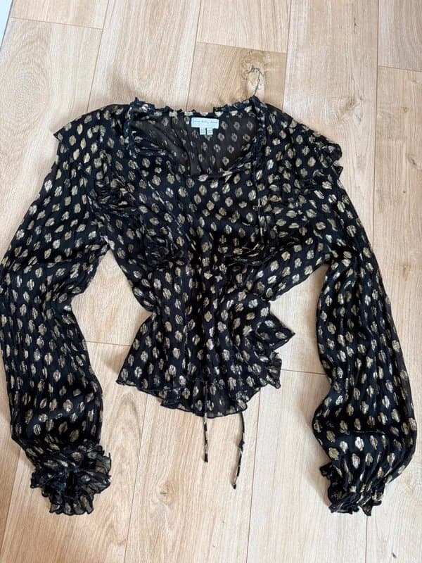 Never Fully Dressed Never Fully Dressed Black & Gold Metallic Ruffle Blouse UK 24 Boho