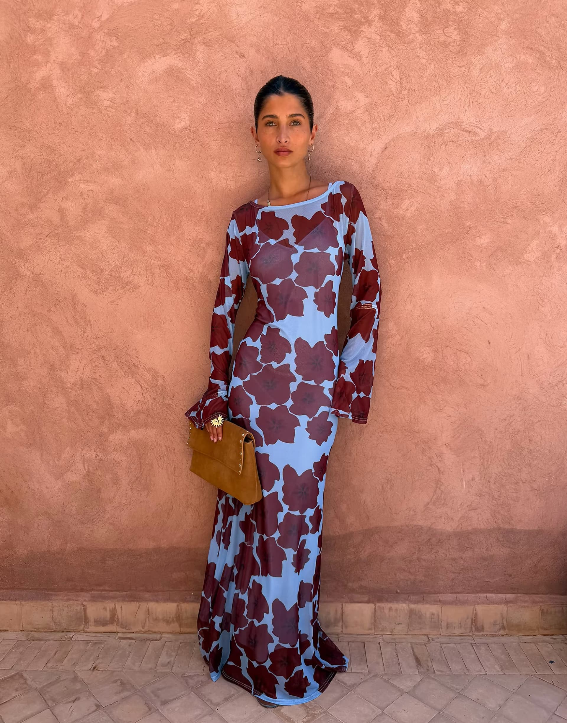 ASOS Never Fully Dressed mesh long sleeved crew neck maxi dress in poppy print