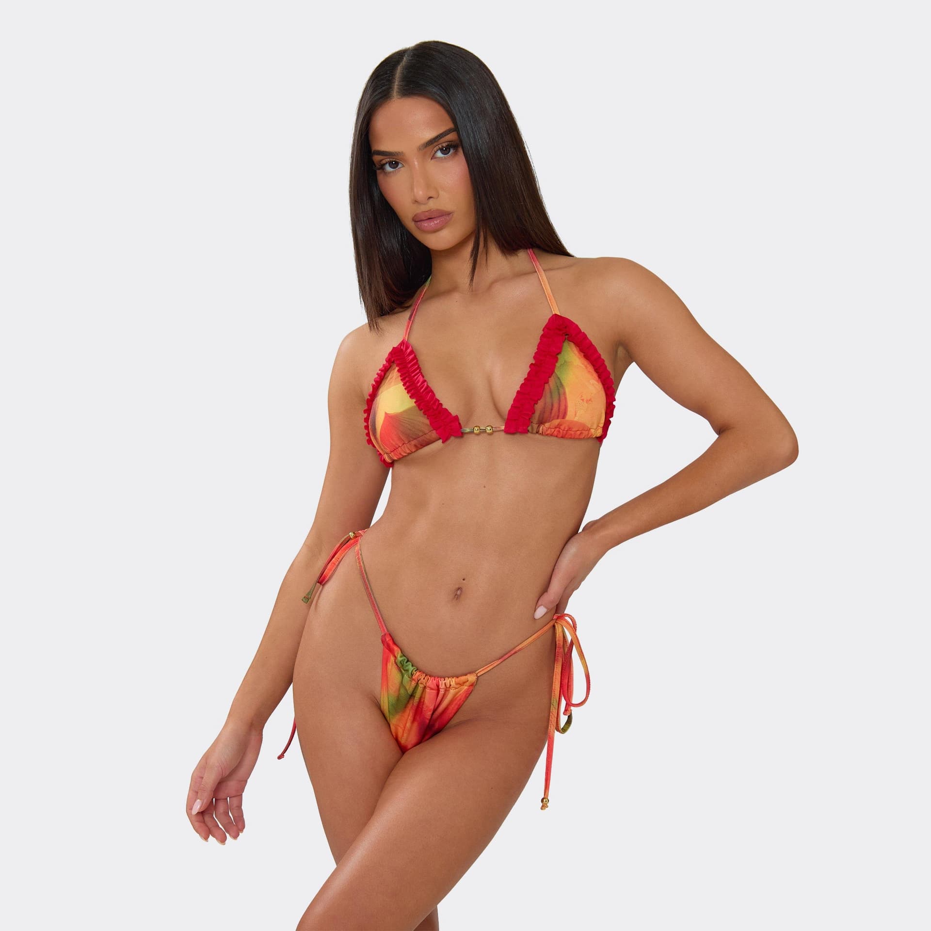 EGO Contrast Frill Beaded Detail Triangle Bikini Set In Red Abstract Floral Print, Women's Size UK 6