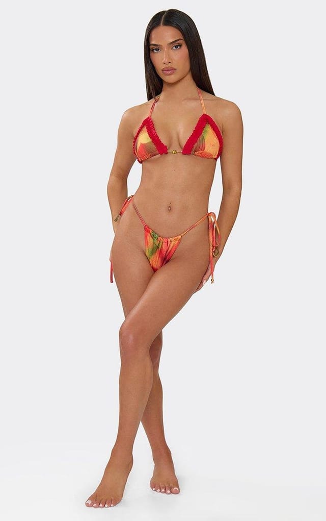 EGO Contrast Frill Beaded Detail Triangle Bikini Set In Red Abstract Floral Print, Women's Size UK 6 - 2