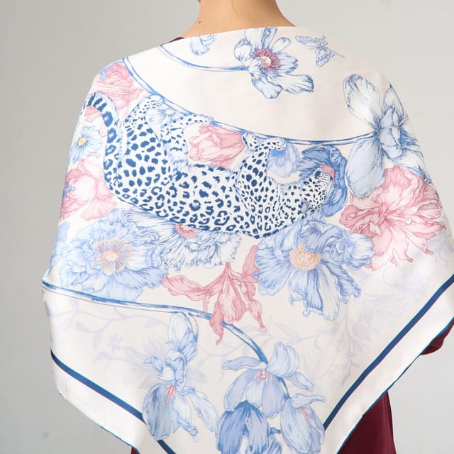 Silk and Bears Silk and Bears Women's Leopard & Floral Silk Twill Scarf - Blue Blush Ivory - 3