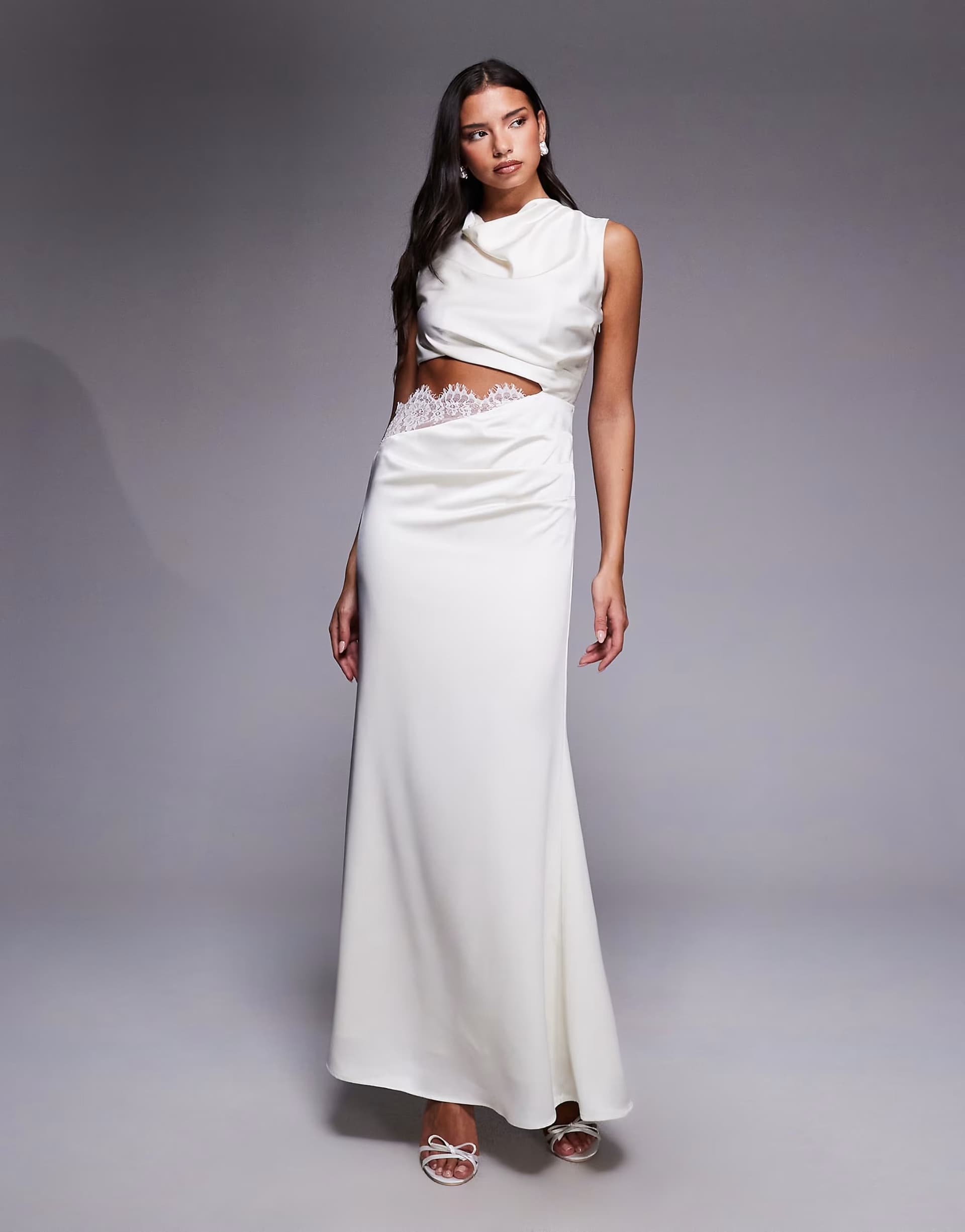 ASOS Jarlo Tyler Bridal satin high cowl neck lace cut out maxi dress in ivory