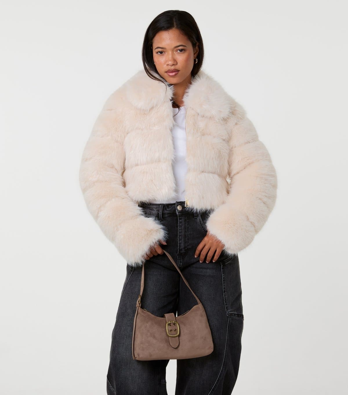 Pink Vanilla Women's Cream Faux Fur Cropped Coat Pink Vanilla New Look