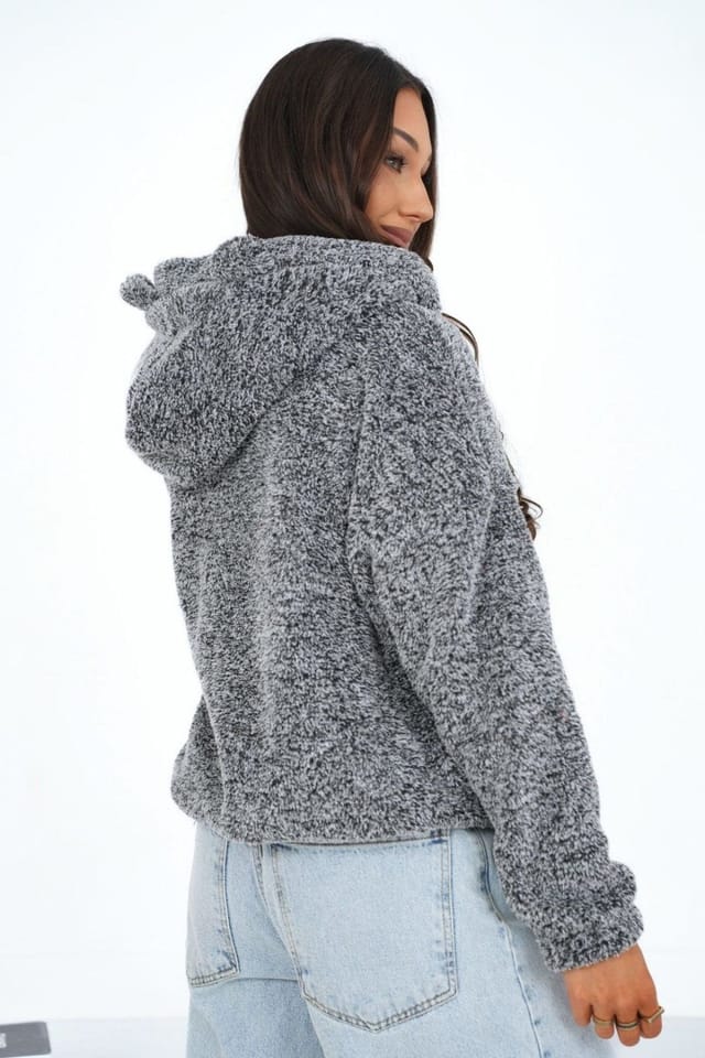 Love Lace Love Lace Women's Casual Teddy Bear Hooded Zip Sweatshirt in Grey - 3