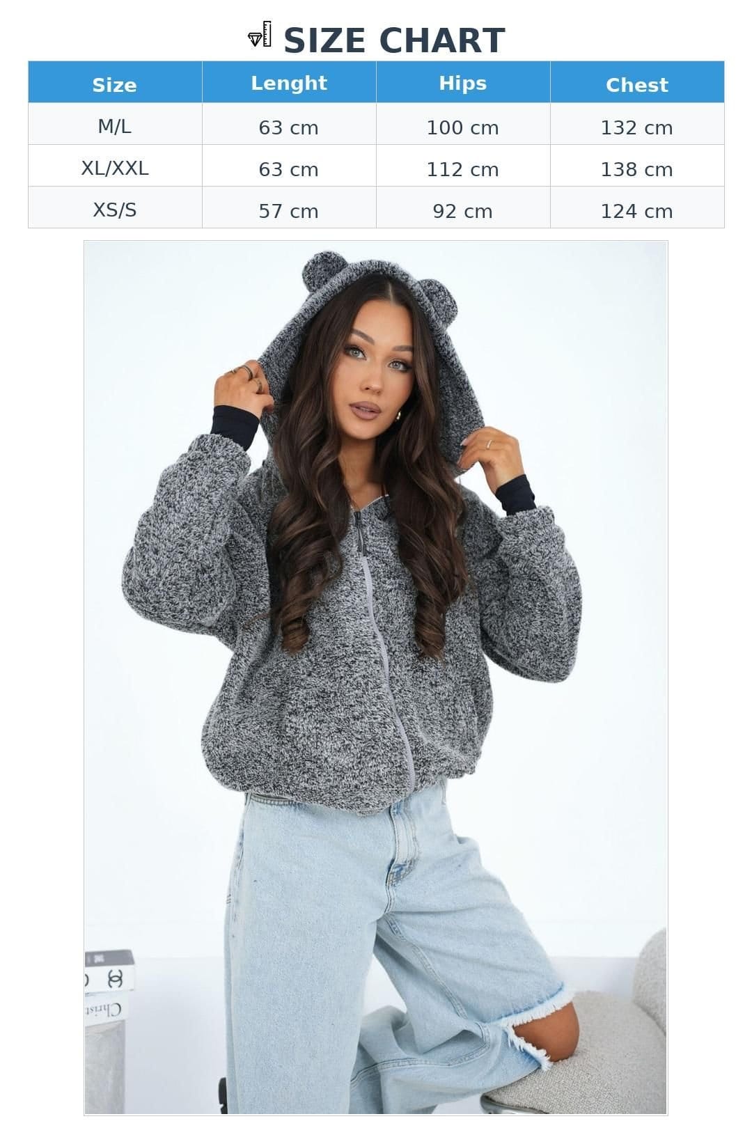 Love Lace Love Lace Women's Casual Teddy Bear Hooded Zip Sweatshirt in Grey - 4