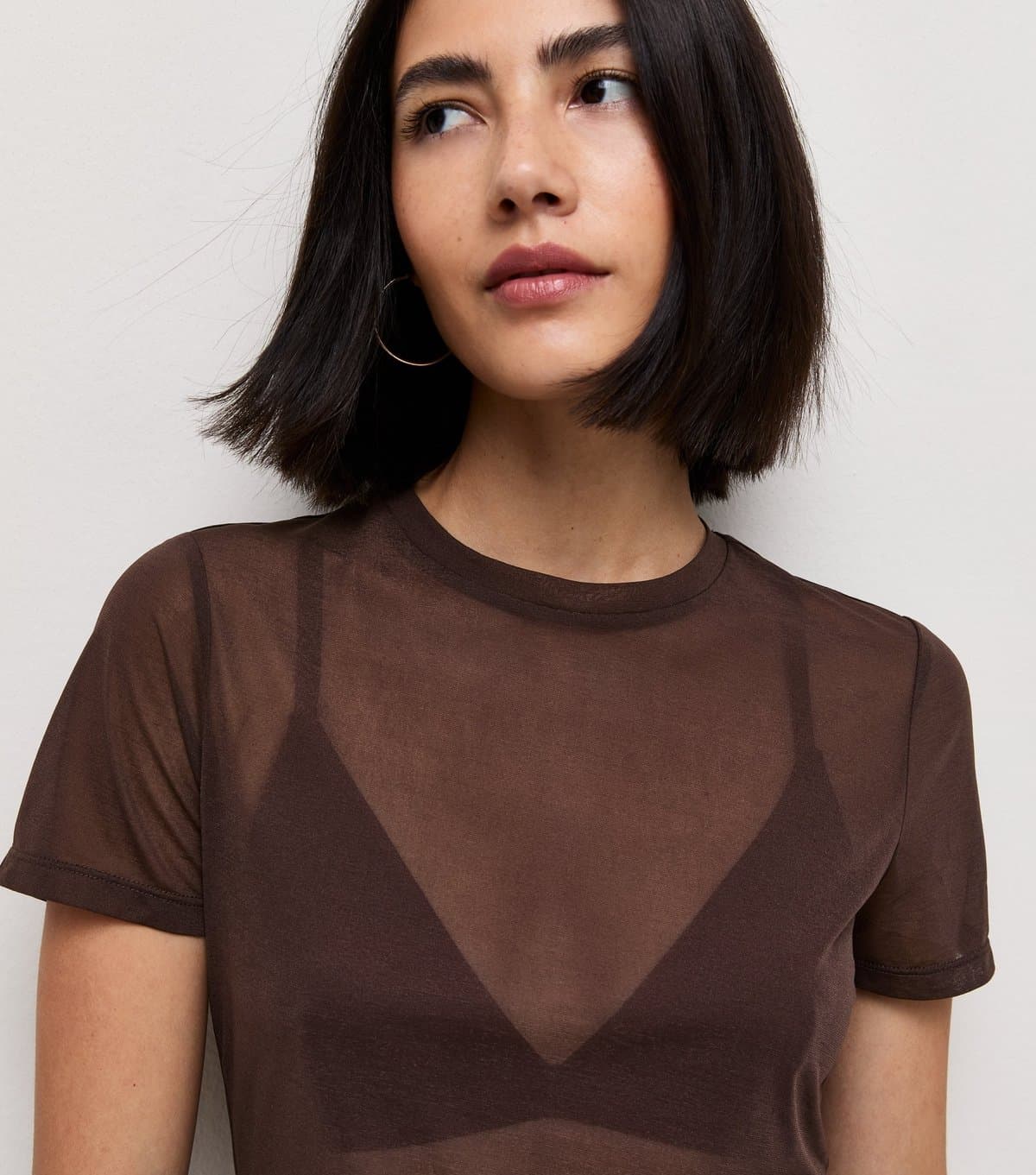 New Look Women's Dark Brown Semi Sheer Tissue Mesh T-Shirt New Look