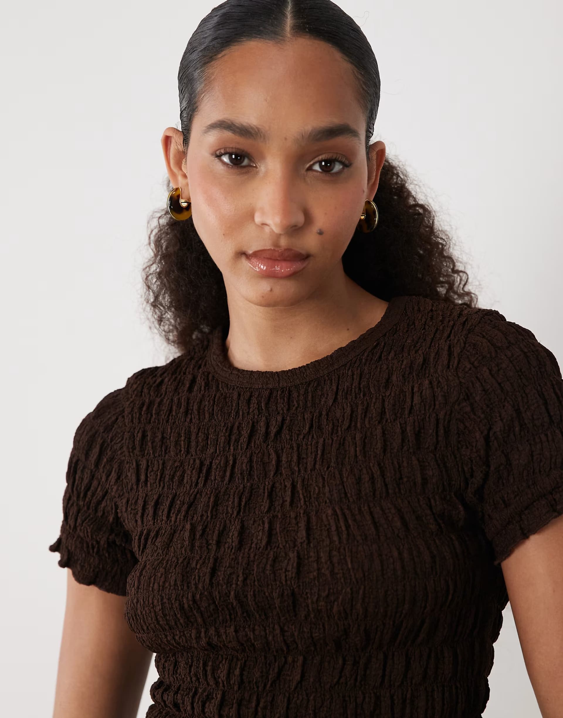 ASOS Brave Soul co-ord ruched short sleeve t-shirt with ruffle detail in chocolate brown