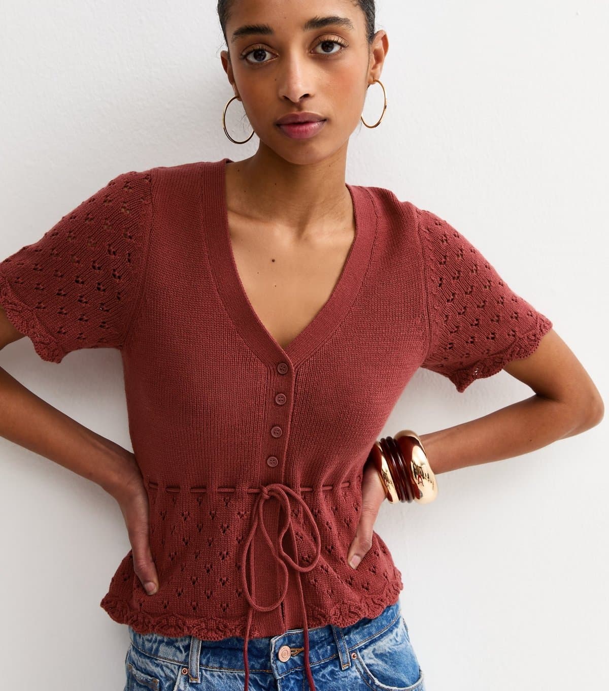 New Look Women's Dark Red Cotton Rich Knit Tie Waist Short Sleeve Cardigan New Look