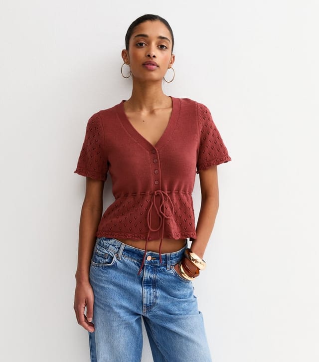 New Look Women's Dark Red Cotton Rich Knit Tie Waist Short Sleeve Cardigan New Look - 3