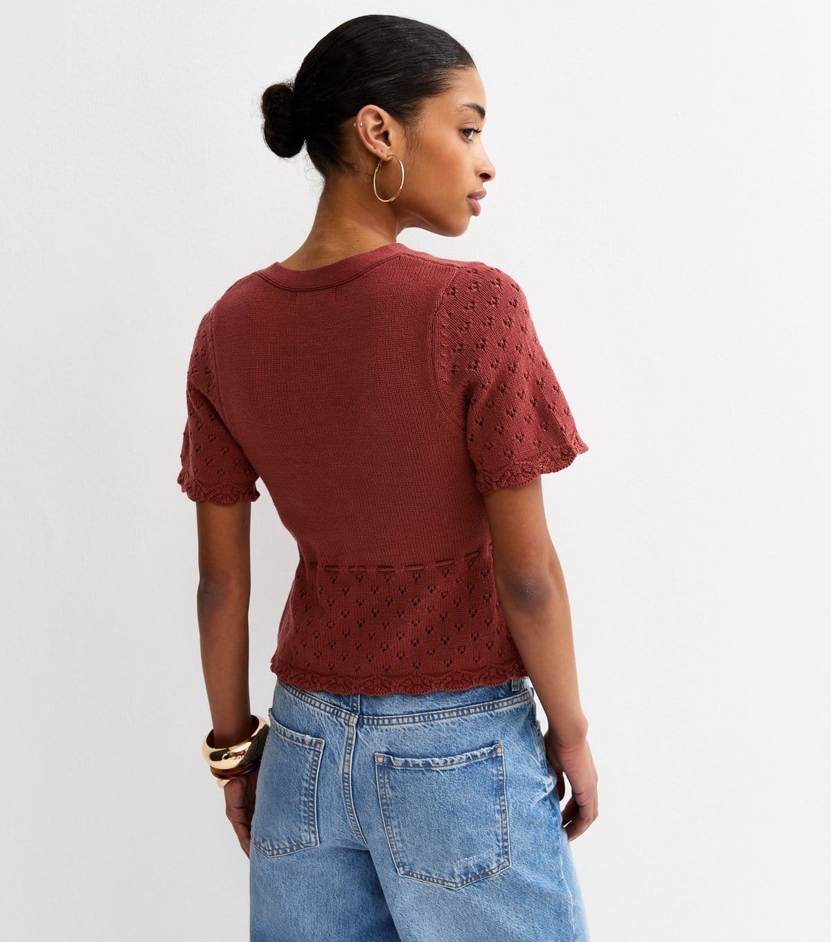 New Look Women's Dark Red Cotton Rich Knit Tie Waist Short Sleeve Cardigan New Look - 4
