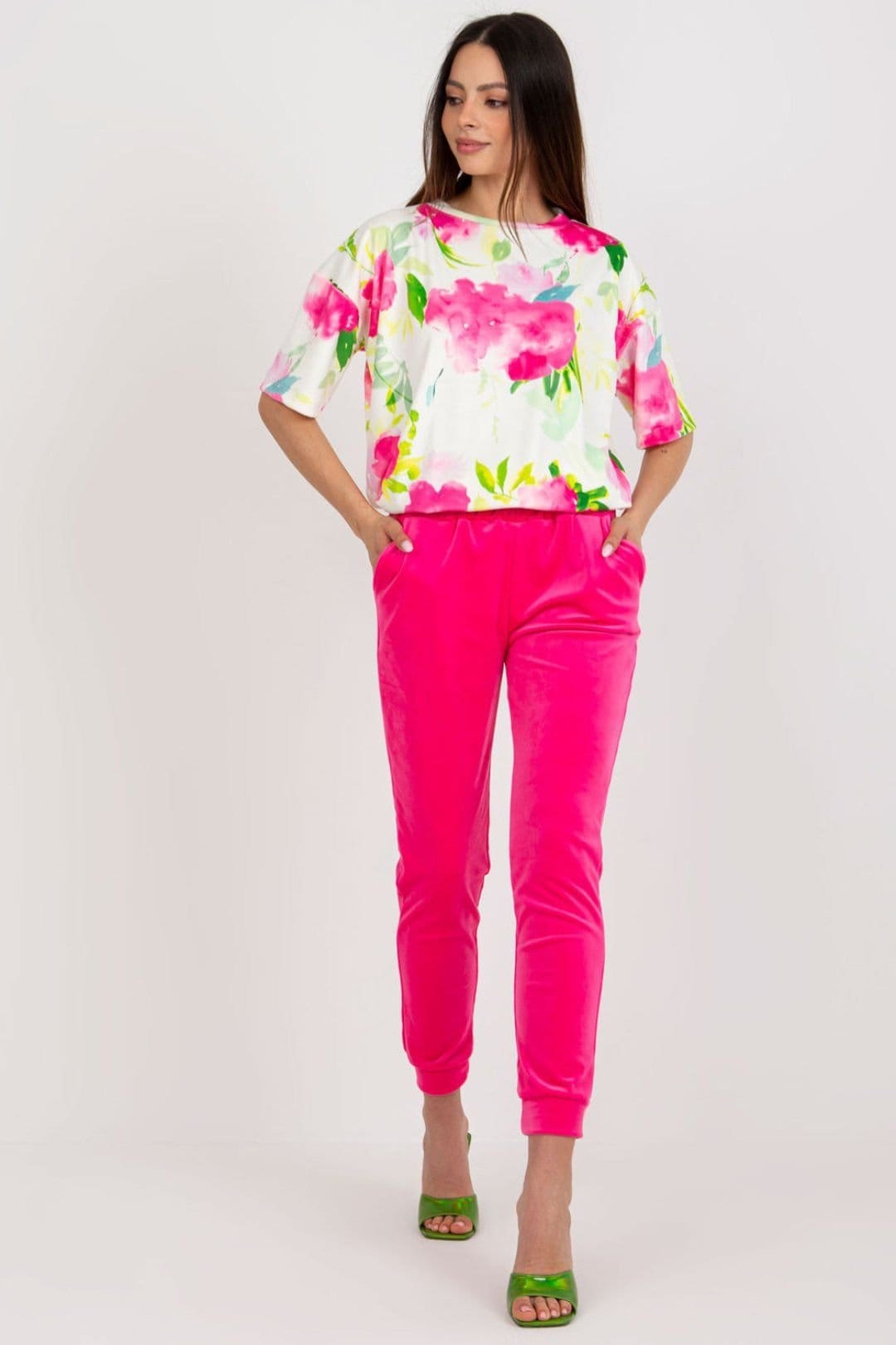 Love Lace Fuchsia Velour Blouse & High Waist Pants Set