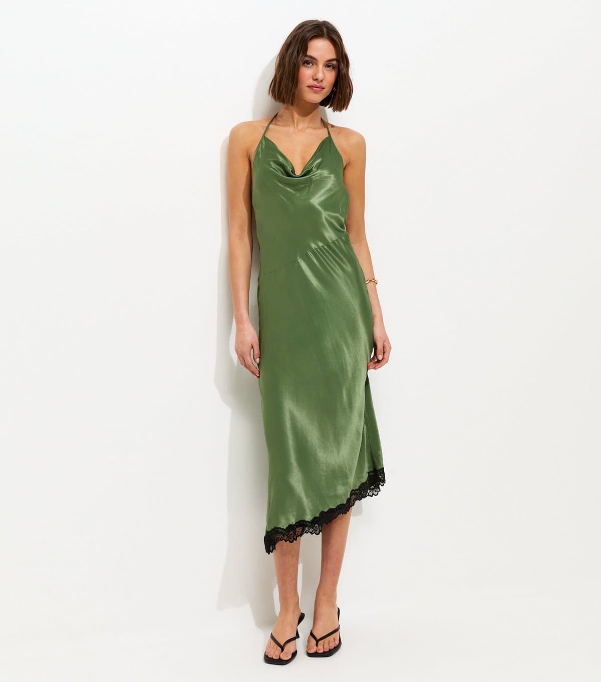 New Look Women's Dark Khaki Halterneck Lace Trim Asymmetric Midi Dress New Look