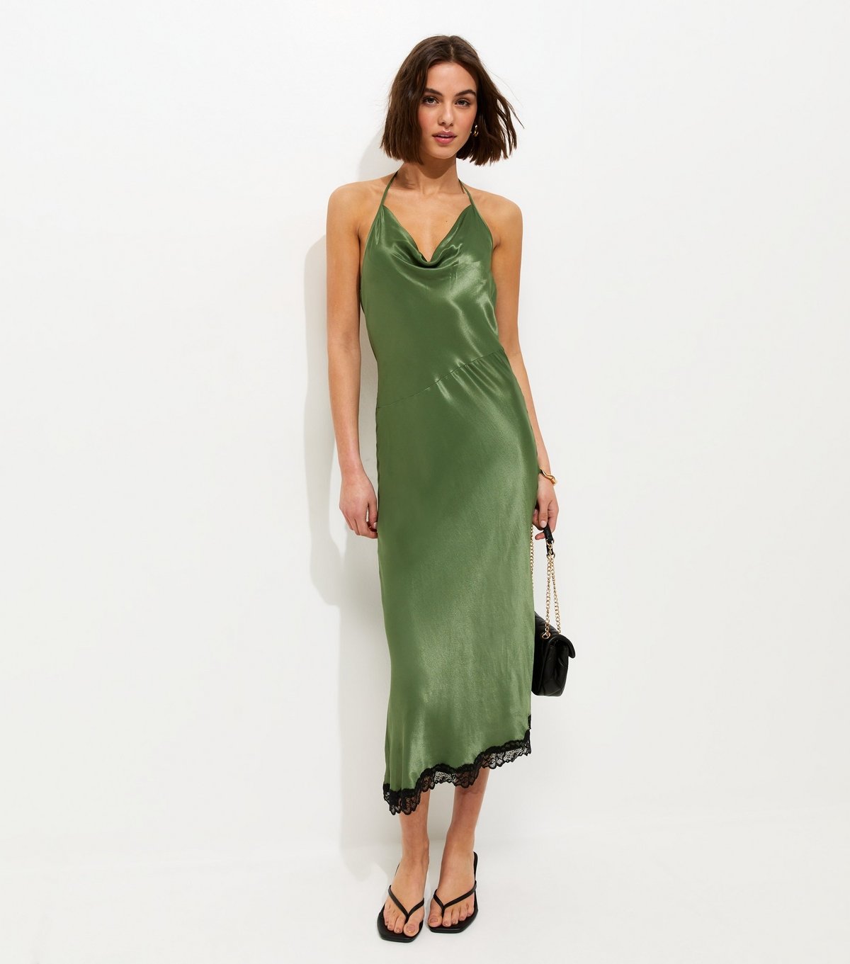 New Look Women's Dark Khaki Halterneck Lace Trim Asymmetric Midi Dress New Look - 3