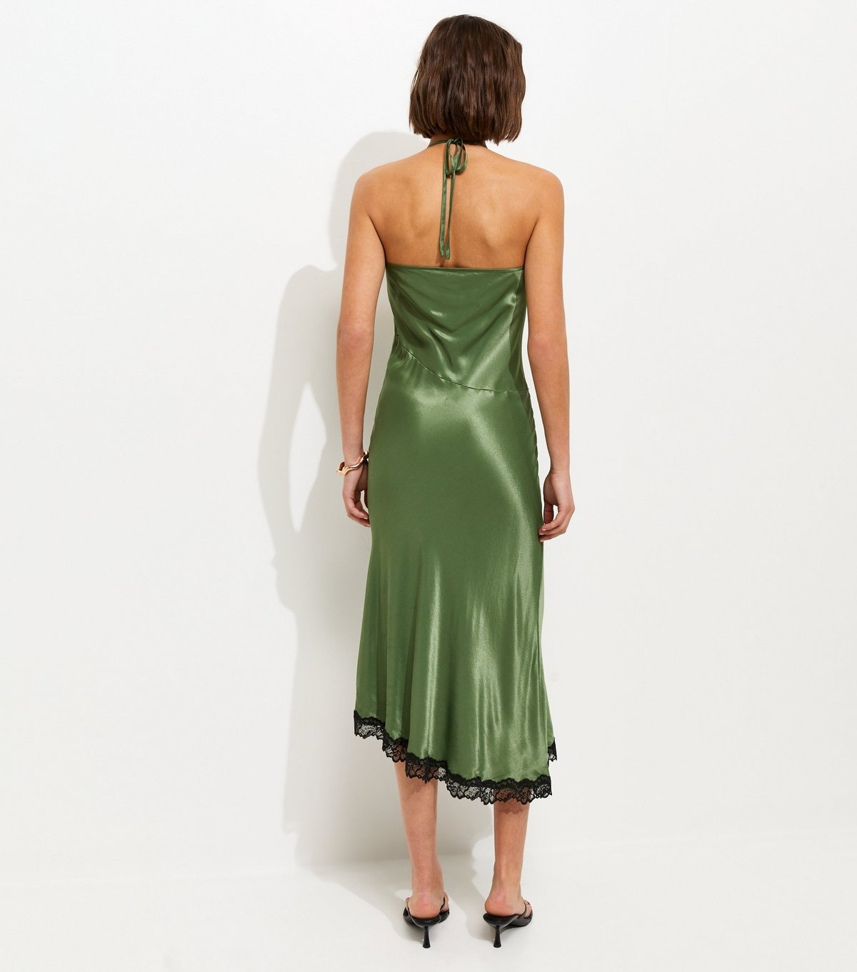 New Look Women's Dark Khaki Halterneck Lace Trim Asymmetric Midi Dress New Look - 4