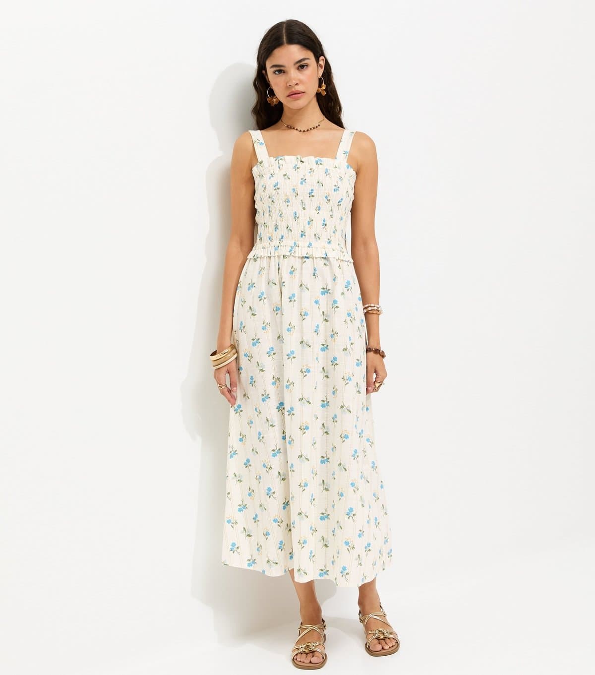 New Look Women's Cream Cotton Floral Print Shirred Tie Strap Midi Dress New Look