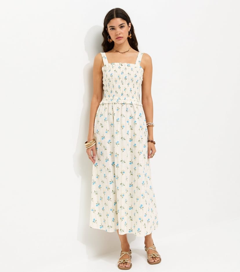 New Look Women's Cream Cotton Floral Print Shirred Tie Strap Midi Dress New Look - 1